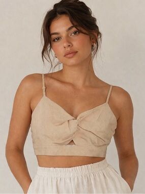 Neutral Linen Blend Twist Front Crop Top Size Large Smocked Back